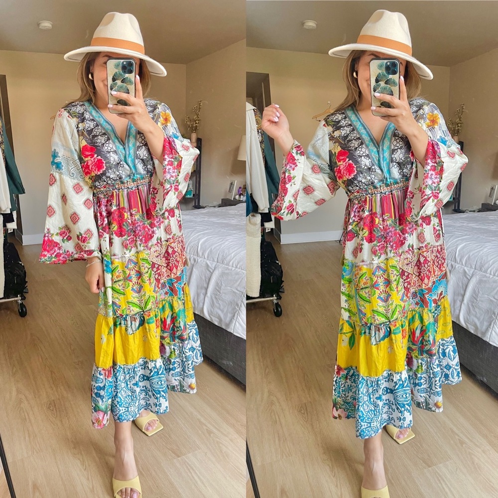 Johnny Was | Dibble Boho Patchwork 100% Silk Maxi Dress Size: Large - Picture 1 of 10